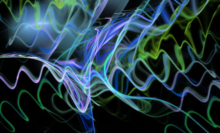 Abstract wavy background. Blue, green and light wavy lines overlap each other and spread out on a...