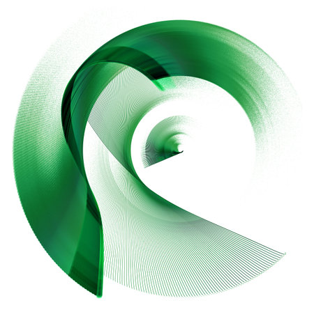 Abstract green striped curved blades on a white background. Icon, logo, symbol, sign. 3D rendering. 3D illustration.の写真素材