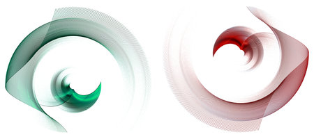 Green and red abstract striped wavy and arched blades on a white background. Set. Icon, logo,...
