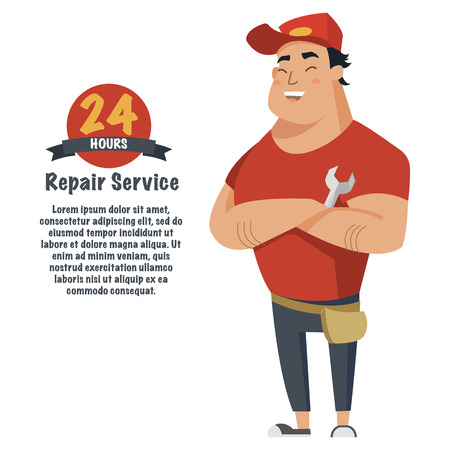 Repair man with wrench in hand. Plumber, mechanic or handyman in work clothes.のイラスト素材