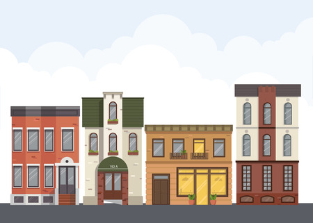 Street landscape. City street with urban buildings, apartment, shops, houses in flat style.のイラスト素材