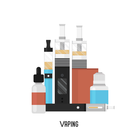 Vaping cigarette set. Vaping devices and liquids. Vape smoking.のイラスト素材