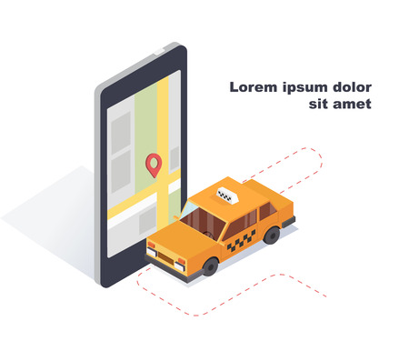 Online mobile taxi service service concept in isometric 3D transportation of passengers in the taxi.のイラスト素材