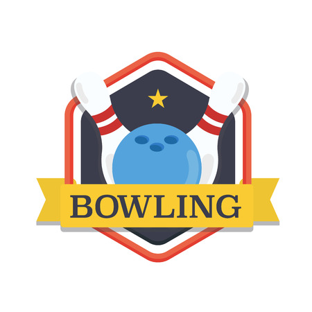 Bowling logo, design template, emblem tournament template. Skittles and ball with ribbons.のイラスト素材