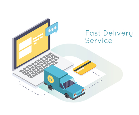 Fast Delivery Services and E-Commerce. Emailing and online shopping. Flat isometricのイラスト素材