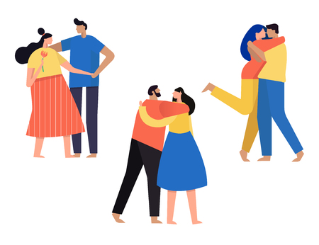 Romantic couples walking together or couples of men and women. Happy romantic loving couples cartoon vectorのイラスト素材