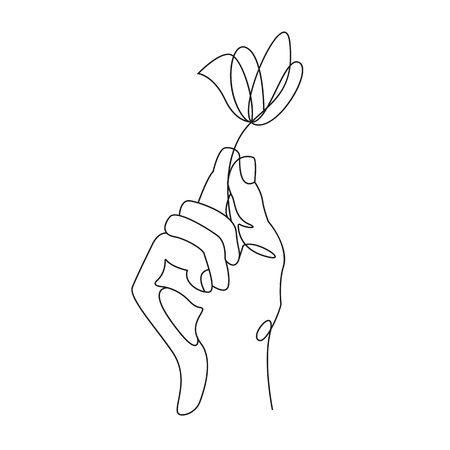 Continuous line drawing. Hand holding flower. Vector illustrationのイラスト素材