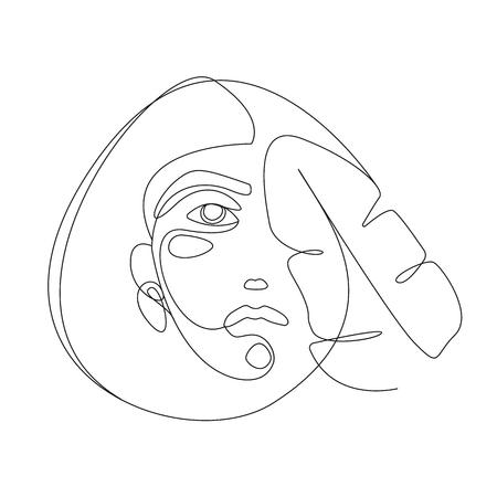 Continuous line. Woman face with tropical leaf. Portrait minimalistic style illustration for t-shirt, design printのイラスト素材
