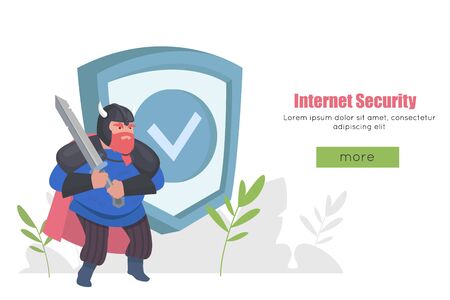 Internet security isometric concept. Data protection. Privacy Protection, Antivirus hack. Warrior with a sword protects data. Web banner, infographics, hero images.のイラスト素材