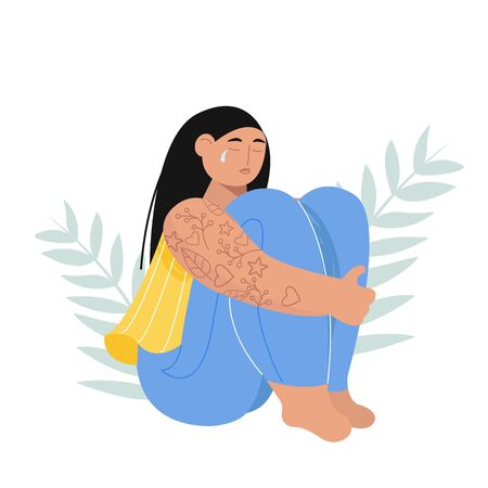 Woman suffering from depression, sitting and crying. Lonely young weeping girl. Concept of stress, sadness, depressionのイラスト素材