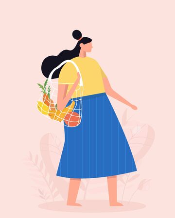 Girl is holding string bag with vegetables and fruits. Shopping with eco bag. Zero waste, vegetarianism, environment preservation, ecology protection conceptのイラスト素材