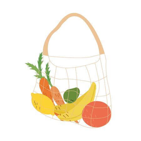 String bag full organic vegetables and fruits. Shopping with eco bag, mesh or net bag. Zero waste concept. Isolated vector illustration in flat cartoon style.のイラスト素材