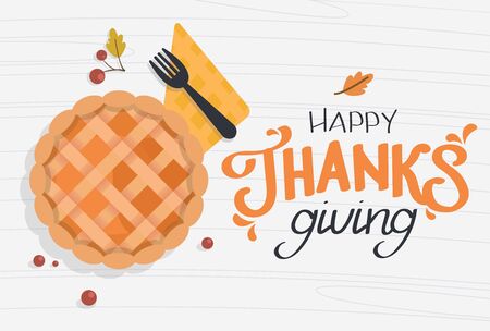 Happy Thanksgiving calligraphy text. Festive quote with a pumpkin pie. Vector calligraphy lettering holiday quoteのイラスト素材