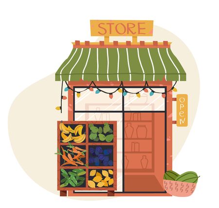 Shop or store facade, market vegetable and fruits. Flat vector icon representing small building with awnings and shelving with goodsのイラスト素材