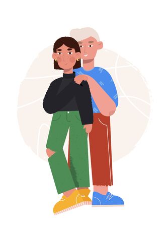 Couple in love. Happy man and woman hugging, gentle touch and smile. Portraits of loving guy and girl. Vector illustration in flat cartoon styleのイラスト素材