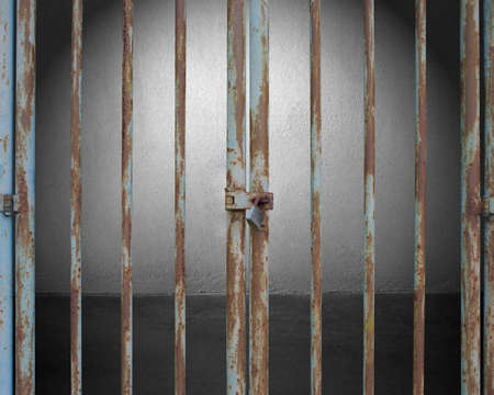 Locked door with lighting and empty space in concrete wall background