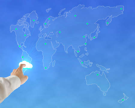 Businessman touching glowing cloud with worldwide map background in blue sky