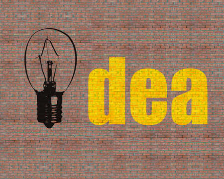 Large drawing lamp and idea word on huge bricks wall in dayの写真素材