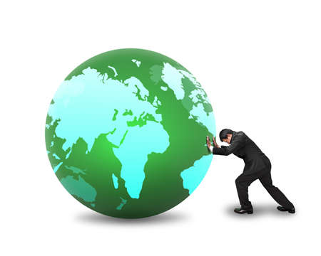 Businessman rolling large ball with world wide map on it isolated in white backgroundの写真素材