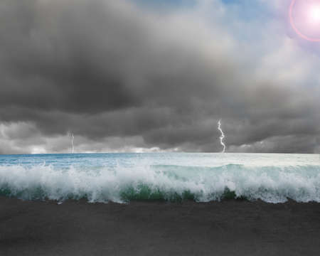 Waves flooded ground with dramatic weather cloudy sky, Lightning, blue sky and sun lightの写真素材
