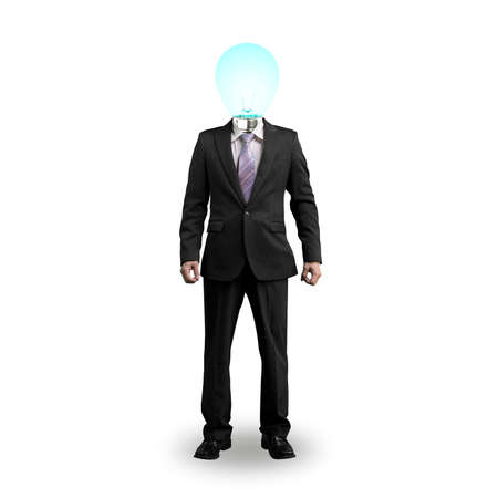 Lighting bulb head businessman standing and isolated in white backgroundの写真素材