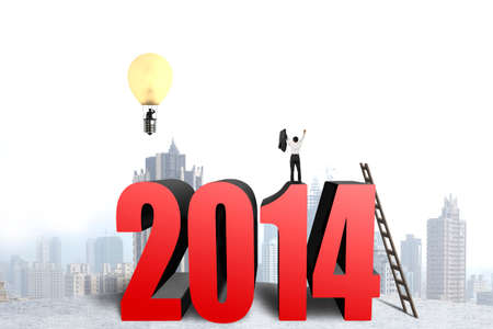 Businessman standing on top of 2014 structure, another in balloon with city view backgroundの写真素材