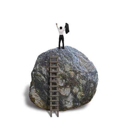 Cheered businessman climb on top of large rock, isolated in white