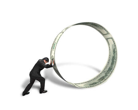 Businessman pushing money circle isolated in whiteの写真素材