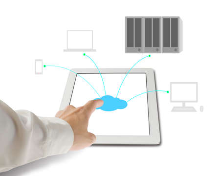 Hand touching cloud icon on tablet for connecting to cloud computing service in whiteの写真素材