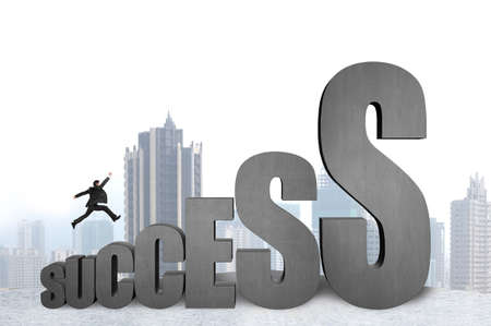 Businessman jumping on 3D success concrete word with city view backgroundの写真素材