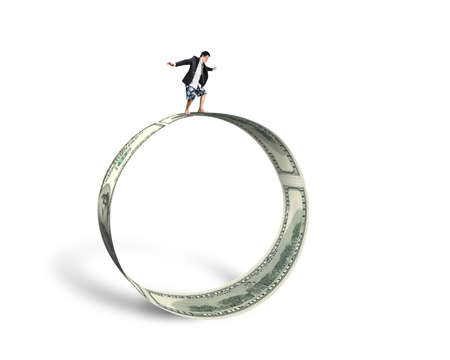 Businessman surfing and balancing on large money circle isolated in white background