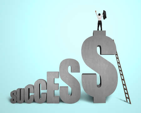 Cheered businessman standing on top of  SUCCESS  concrete 3D word in green background