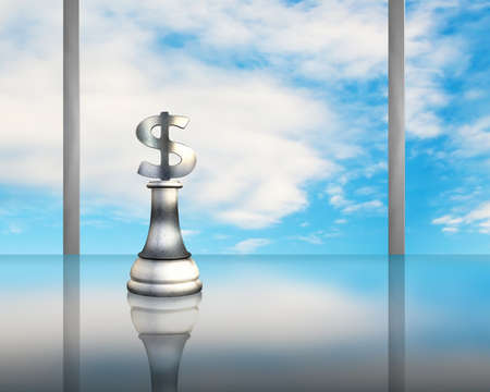 USD 3D symbol piece on glass table with reflection and blue sky out sideの写真素材