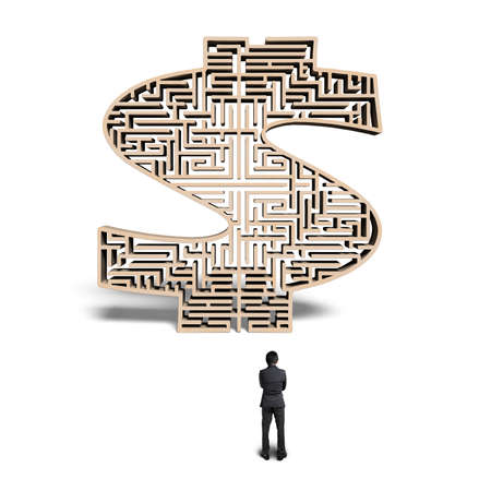 Businessman standing in front of 3d wooden money shape maze isolated in white の写真素材