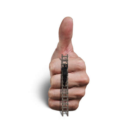 Businessman climbing on wooden ladder to top of hand thumb up gesture の写真素材