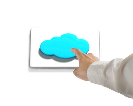 Hand pushing cloud shape button in white background