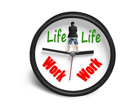 Standing on clock hands with work and life face whte background