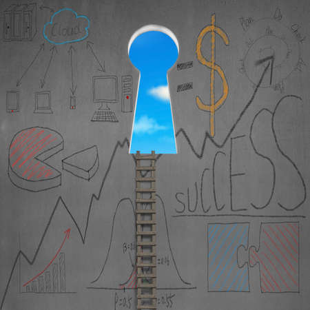 Ladder with key shape door and business concept doodles on concrete wallの写真素材