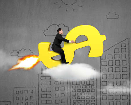 Taking golden money rocket flying skyscrapers doodles の写真素材