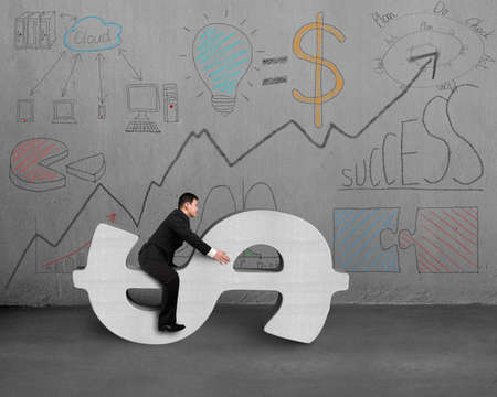 Sitting on 3d money concrete symbol with business doodles on wallの写真素材