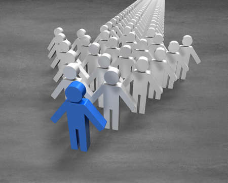 Blue 3D people shape in first position of arrow on concrete groundの写真素材