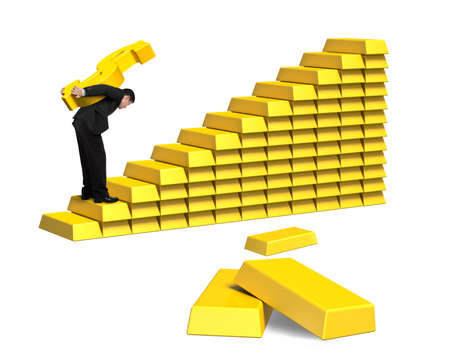 Businessman carrying bullion on gold stairs isolated in whiteの写真素材