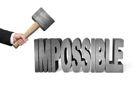 Using hammer to damage impossible 3D concrete word in white background
