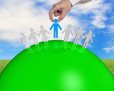 group of 3D people connecting on green ball with nature background