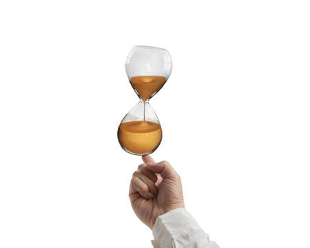 index finger balancing hourglass isolated on white