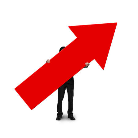 business man holding red arrow sign isolated on whiteの写真素材
