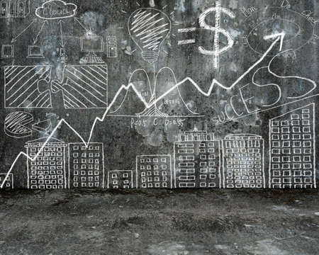 business concept doodles hand drawn on old dirty concrete wall with mottled cement floorの写真素材