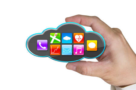 hand holding black cloud with colorful app icons isolated on white background