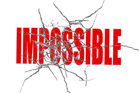 Red impossible word with cracked transparent glass isolated on white backgroundの写真素材