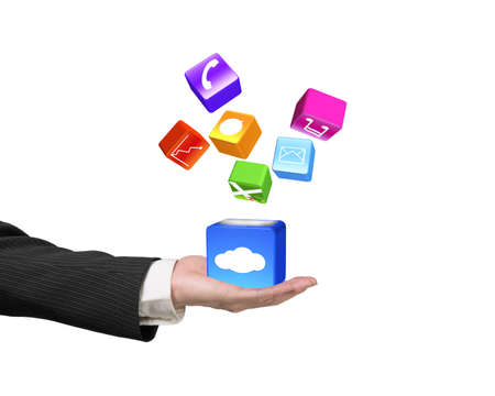 Hand showing cloud box illuminated colorful app icons floating isolated on white background